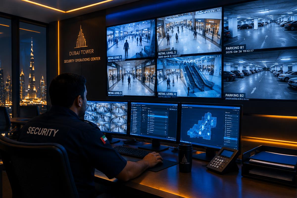 Commercial security control room in Dubai monitoring mall and car park CCTV
