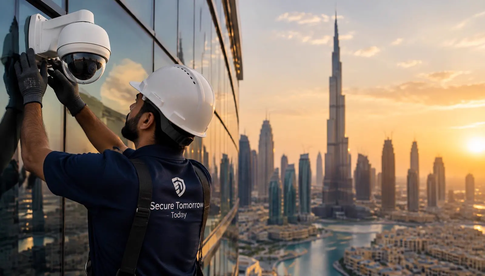 SIRA approved CCTV company Dubai technician installing a dome camera with the Burj Khalifa behind